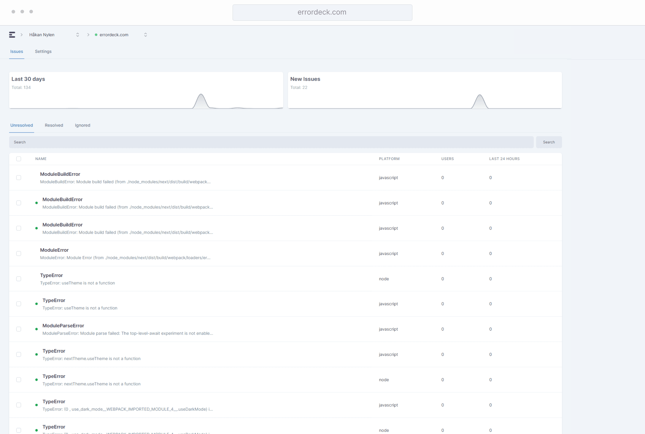All your issues grouped by project, and you can easily see overview of the issues, with search.